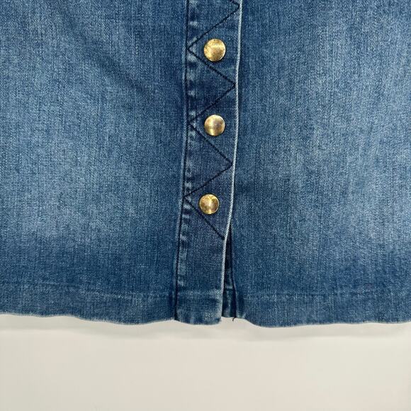 FRAME Denim Claire Mini Skirt Gold Button High Rise A-Line Medium Wash Blue - Picture 6 of 16
